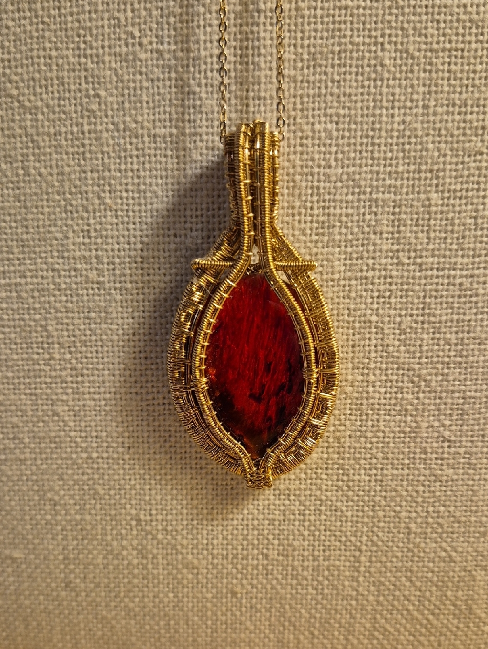 Gold Wire-Wrapped Red Labradorite Pendant Necklace